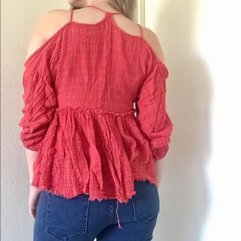 Free People One of a Kind Raw Hem Red/Pink Crinkle Strappy Drawstring Blouse Top